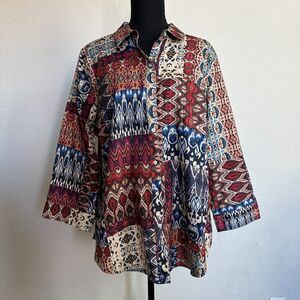 Coldwater Creek Top 18W Plus Button Down Mixed Batik Print 100% Cotton Collared